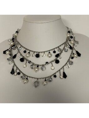 White House Black Market Layered Faux Pearl Black Clear Beads Statement Necklace